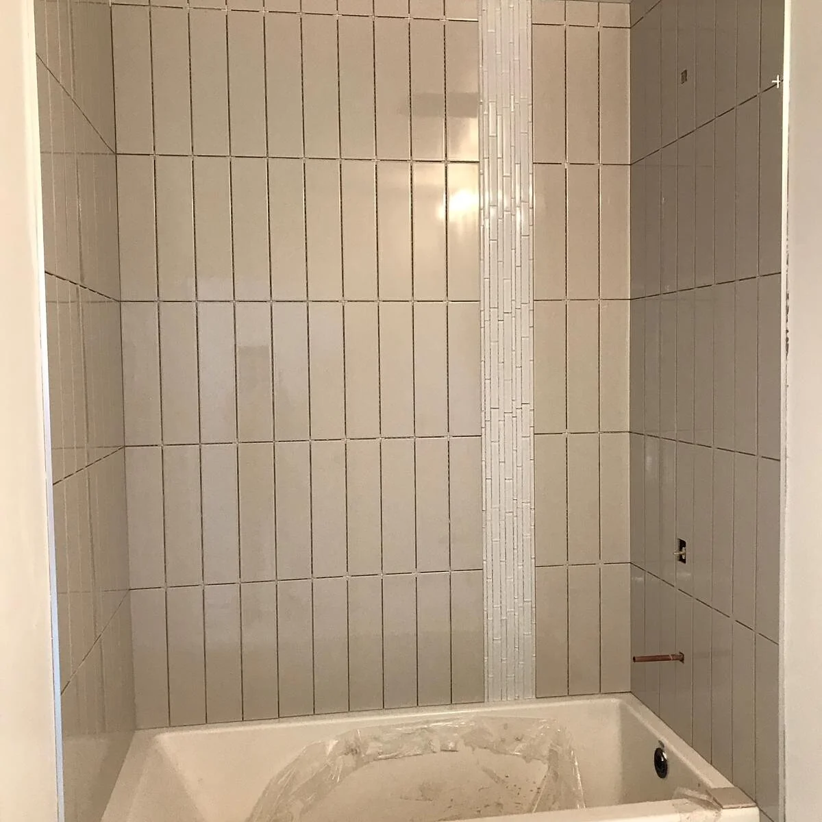 Vertical wall tile with a contrasting mosaic accent strip.